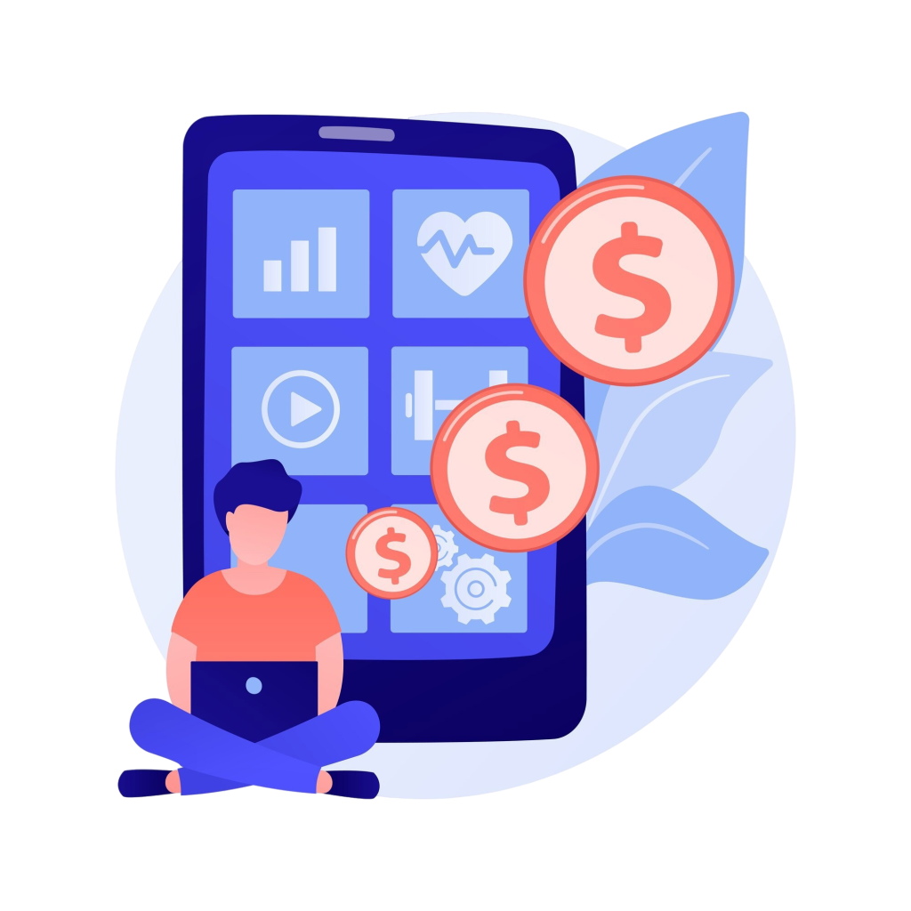 A cartoon illustration of a person sitting cross-legged with a laptop in front of a large smartphone displaying wellness app icons — including a heart rate mon…A cartoon illustration of a person sitting cross-legged with a laptop in front of a large smartphone displaying wellness app icons — including a heart rate monitor, bar chart, video player, and fitness symbol — with dollar coins floating nearby, representing building a digital wellness program on a budget.
