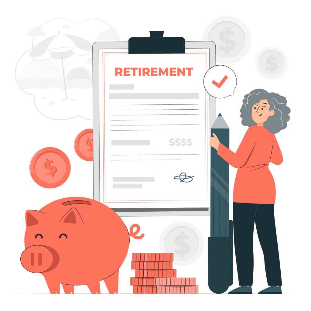 A cartoon illustration of an older woman holding a large pencil next to an oversized clipboard labeled "Retirement," accompanied by a piggy bank, stacks of coins, and floating dollar coins symbolizing retirement savings and planning.