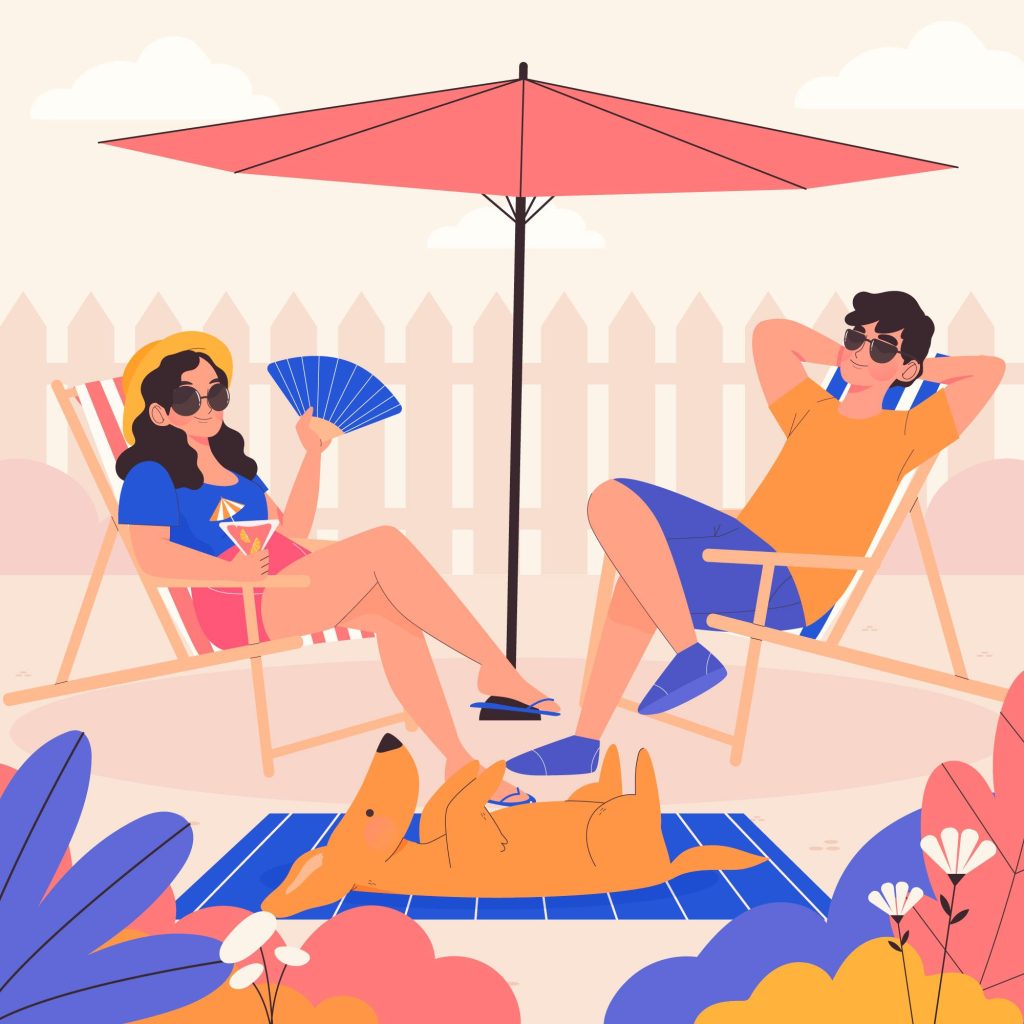 Illustration of two people relaxing in lawn chairs under a patio umbrella in a sunny backyard, with a dog lounging at their feet — representing the Summer Fridays policy of giving employees extra time off to enjoy summer afternoons.