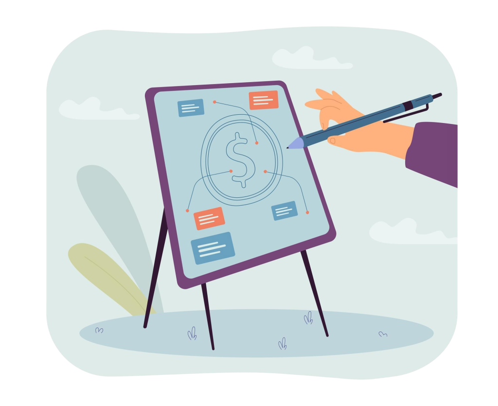 A cartoon illustration of a hand pointing a pen at a presentation board displaying a dollar sign coin connected by lines to multiple labeled text boxes, repres…A cartoon illustration of a hand pointing a pen at a presentation board displaying a dollar sign coin connected by lines to multiple labeled text boxes, representing the various factors that influence wellness program costs.