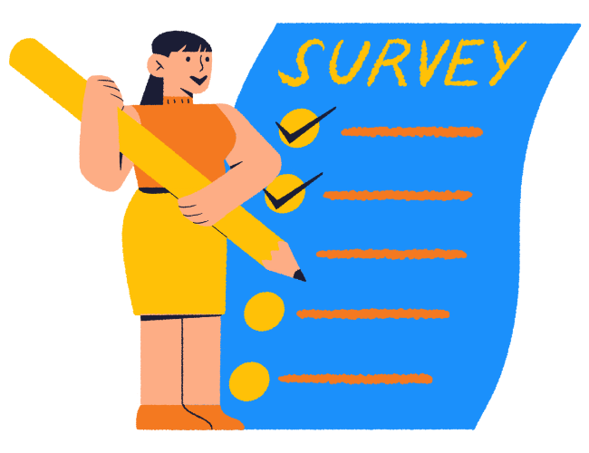A cartoon illustration of a woman holding a large pencil standing next to an oversized blue survey form with checkboxes, two of which are checked.