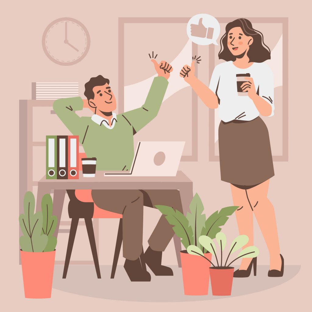 A cartoon illustration of two happy office workers giving thumbs up to each other, with a man seated at a laptop-covered desk and a woman standing nearby holding a coffee cup, both surrounded by potted plants.