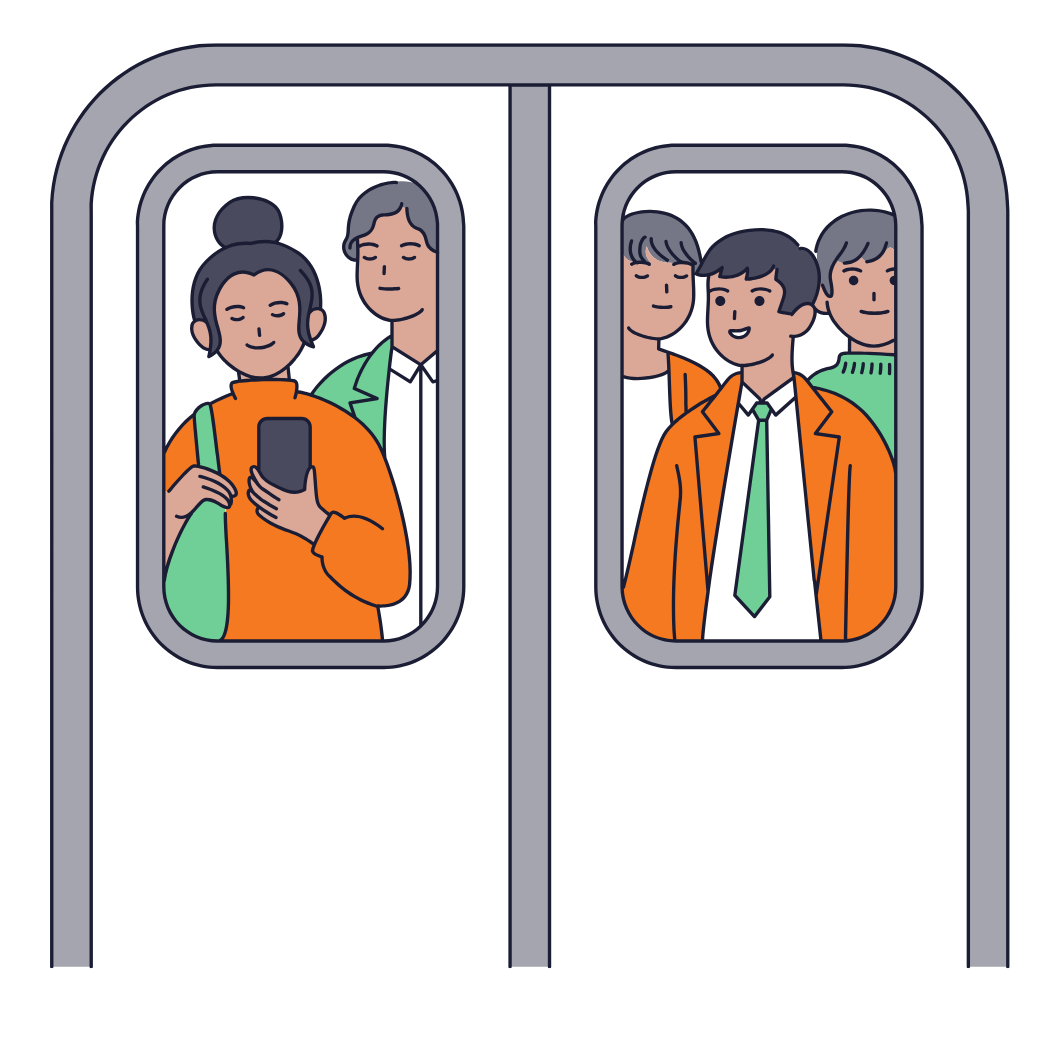 A simple illustration of four people visible through the windows of a subway or train car, representing employees commuting to work on public transportation.