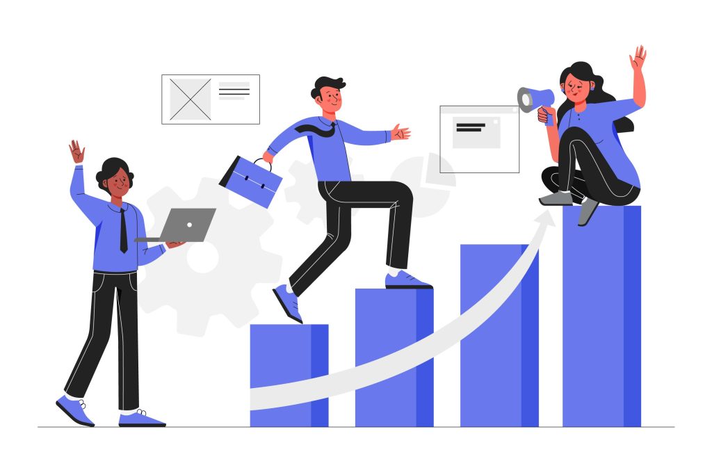 A cartoon illustration of three professionals in blue outfits climbing and celebrating atop a rising bar chart with an upward arrow, representing employee performance growth and achievement in the workplace.