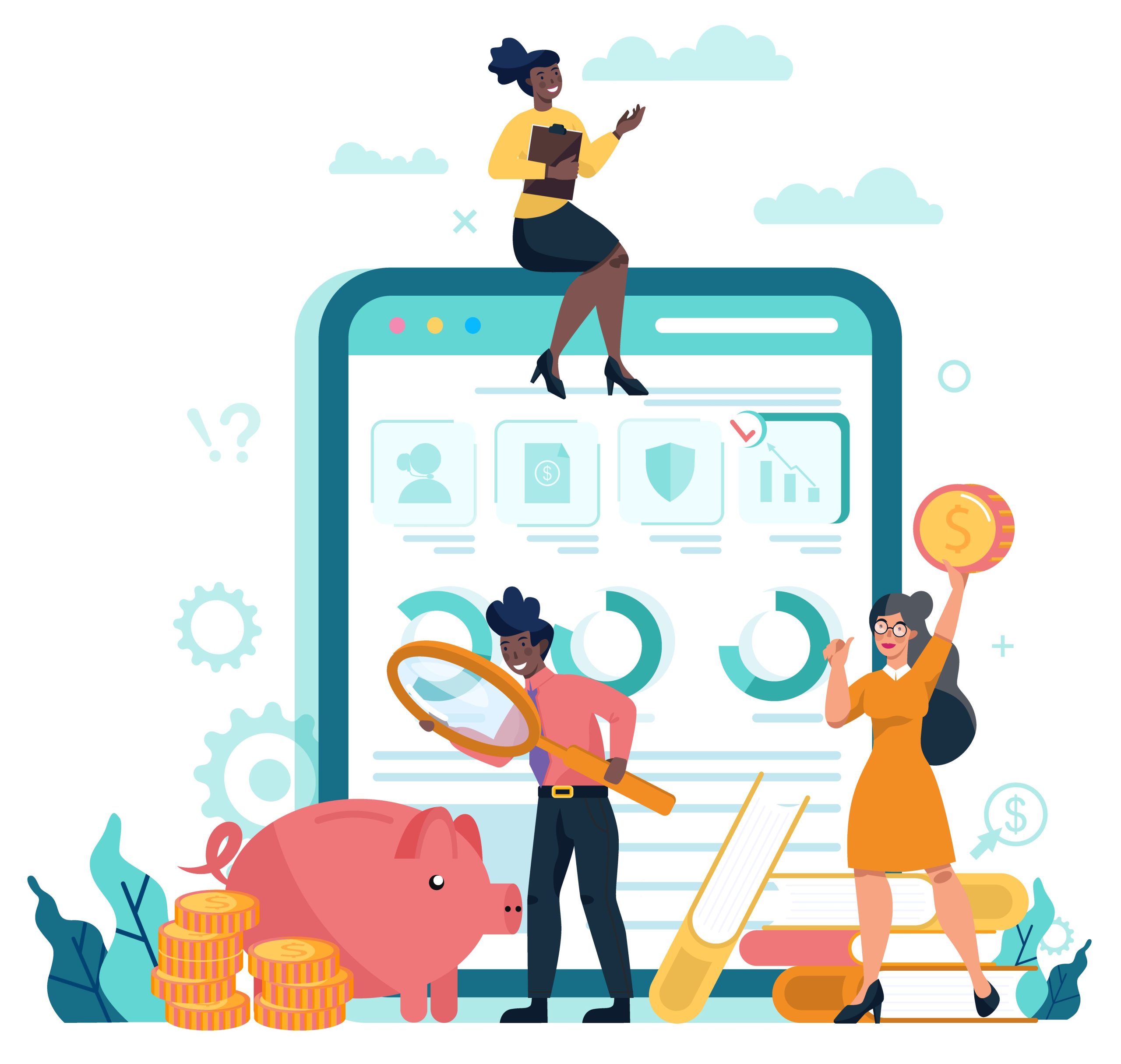 A cartoon illustration of three people interacting with a large smartphone displaying financial dashboard icons and charts, alongside a piggy bank and gold coins, representing how financial wellness apps support employees with budgeting, savings, and financial planning tools.