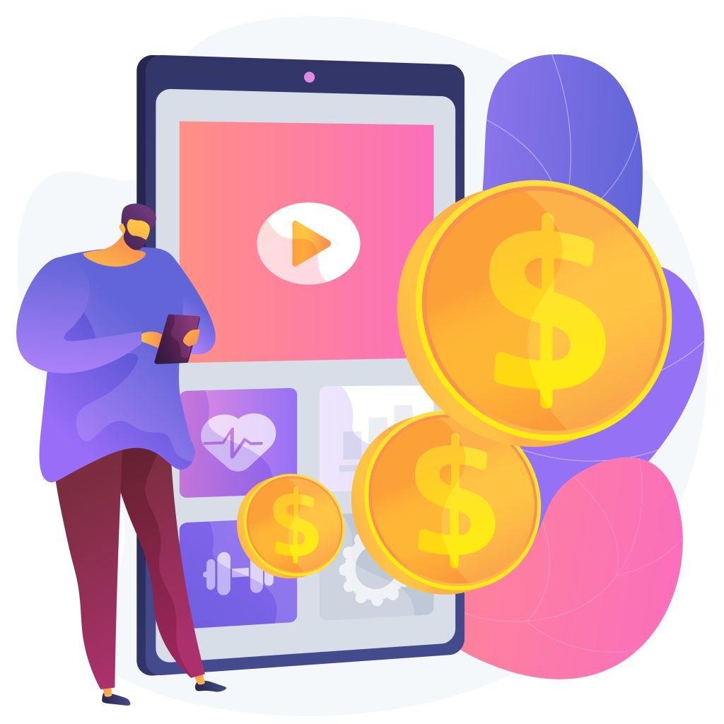 A cartoon illustration of a person holding a tablet and standing next to a large smartphone displaying health, fitness, and video content app icons, with gold dollar coins floating nearby, representing the process of choosing the right financial wellness app.