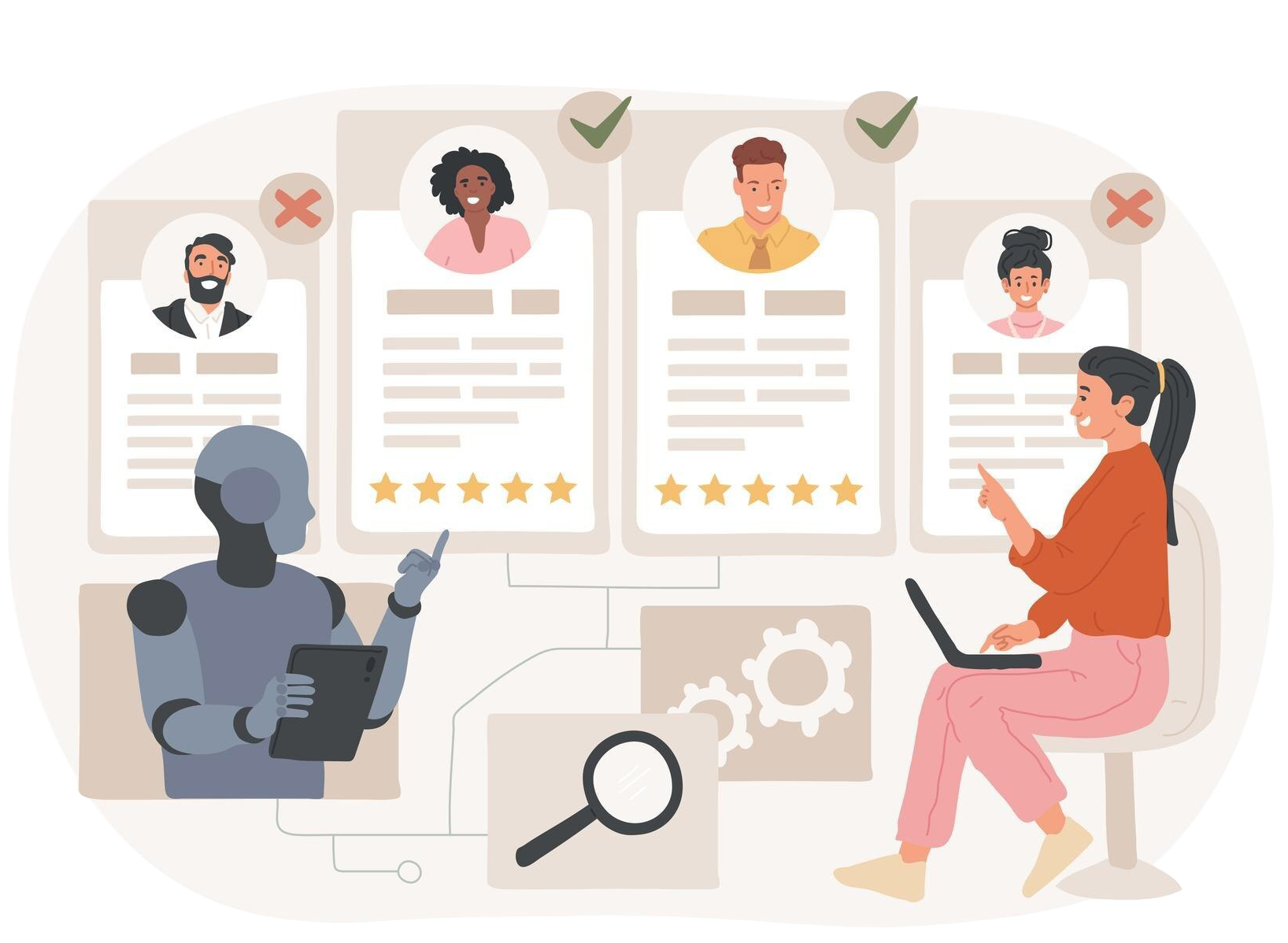 A cartoon illustration of an AI robot and a human recruiter jointly reviewing four candidate profiles with checkmarks, star ratings, and approval or rejection indicators, representing the collaborative use of AI screening tools in the hiring process.