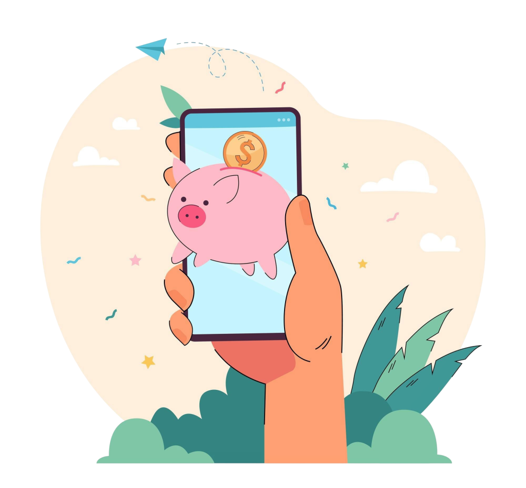 A cartoon illustration of a hand holding a smartphone displaying a piggy bank with a gold coin being deposited, surrounded by colorful confetti and plants, representing the flexible, digital nature of Lifestyle Spending Accounts (LSAs) for employee benefits.