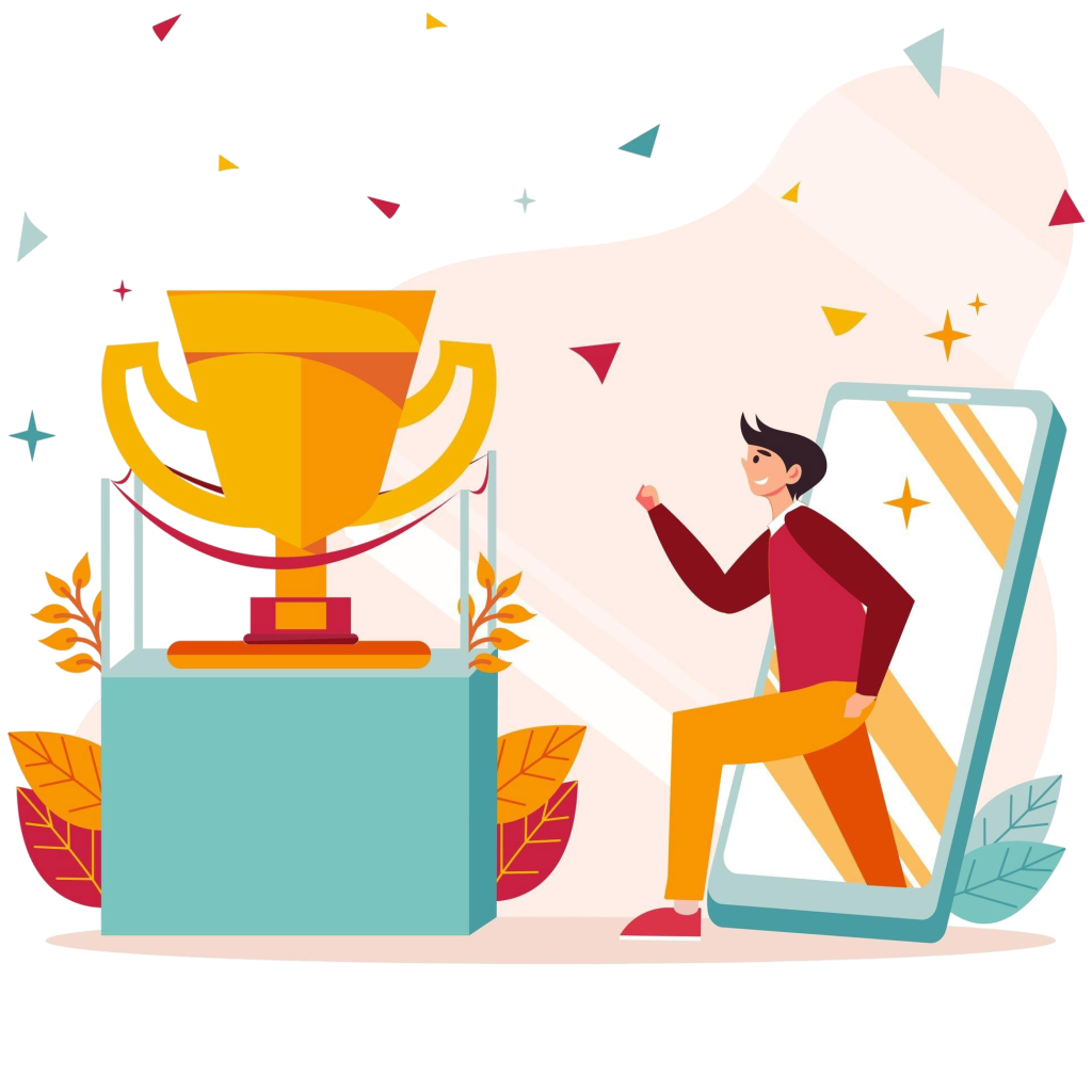 A cartoon illustration of an excited person stepping out of a large smartphone screen toward an oversized gold trophy on a pedestal, surrounded by confetti and festive decorations, representing a virtual online award ceremony.