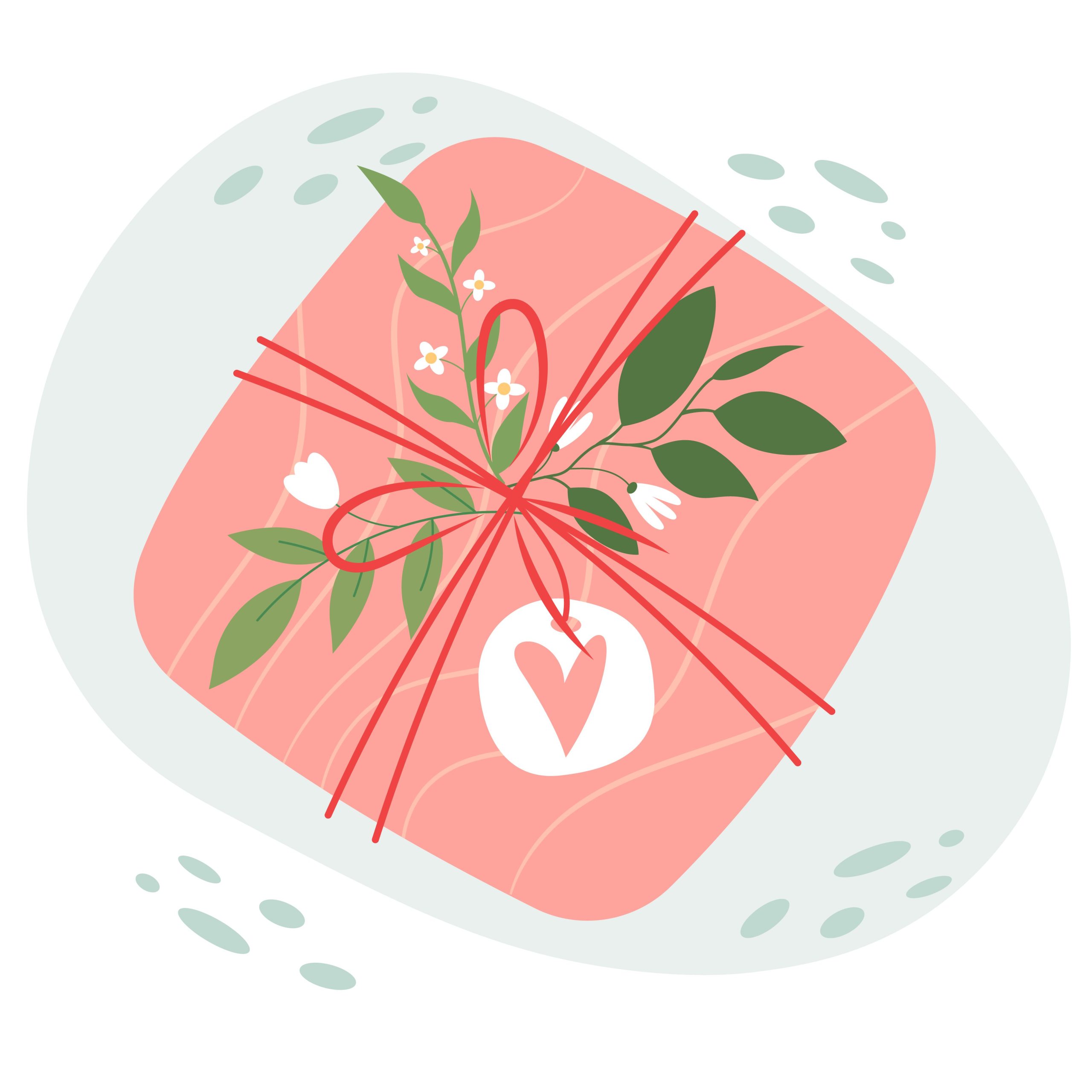 A simple illustration of a pink gift package tied with red ribbon and decorated with green leaves, small flowers, and a heart tag, representing a personalized employee gift or reward.