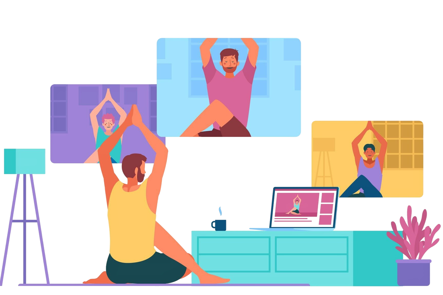 A cartoon illustration of a man practicing yoga at home in front of a laptop, with three virtual video windows showing other participants doing the same yoga poses, representing a live virtual yoga session with remote teammates.
