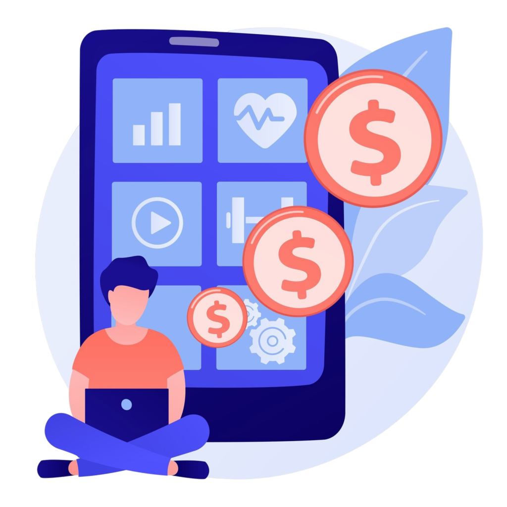 A cartoon illustration of a person sitting cross-legged with a laptop in front of a large smartphone displaying wellness and finance app icons, with dollar coins floating nearby, representing a financial wellness app that combines health tracking and money management tools.