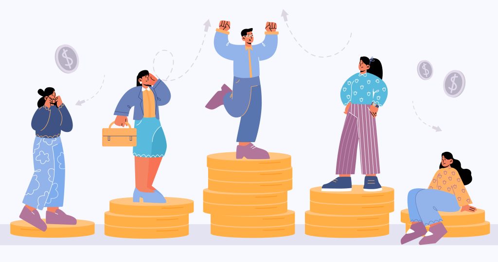 A cartoon illustration of five figures standing on varying heights of coin stacks, with a man triumphantly positioned on the tallest stack while women stand on progressively shorter stacks or sit at ground level, representing the gender pay gap and wage inequality in the workplace.