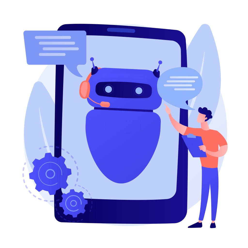 A cartoon illustration of a person holding a clipboard and conversing with a large AI chatbot wearing a headset on a smartphone screen, with speech bubbles exchanged between them.