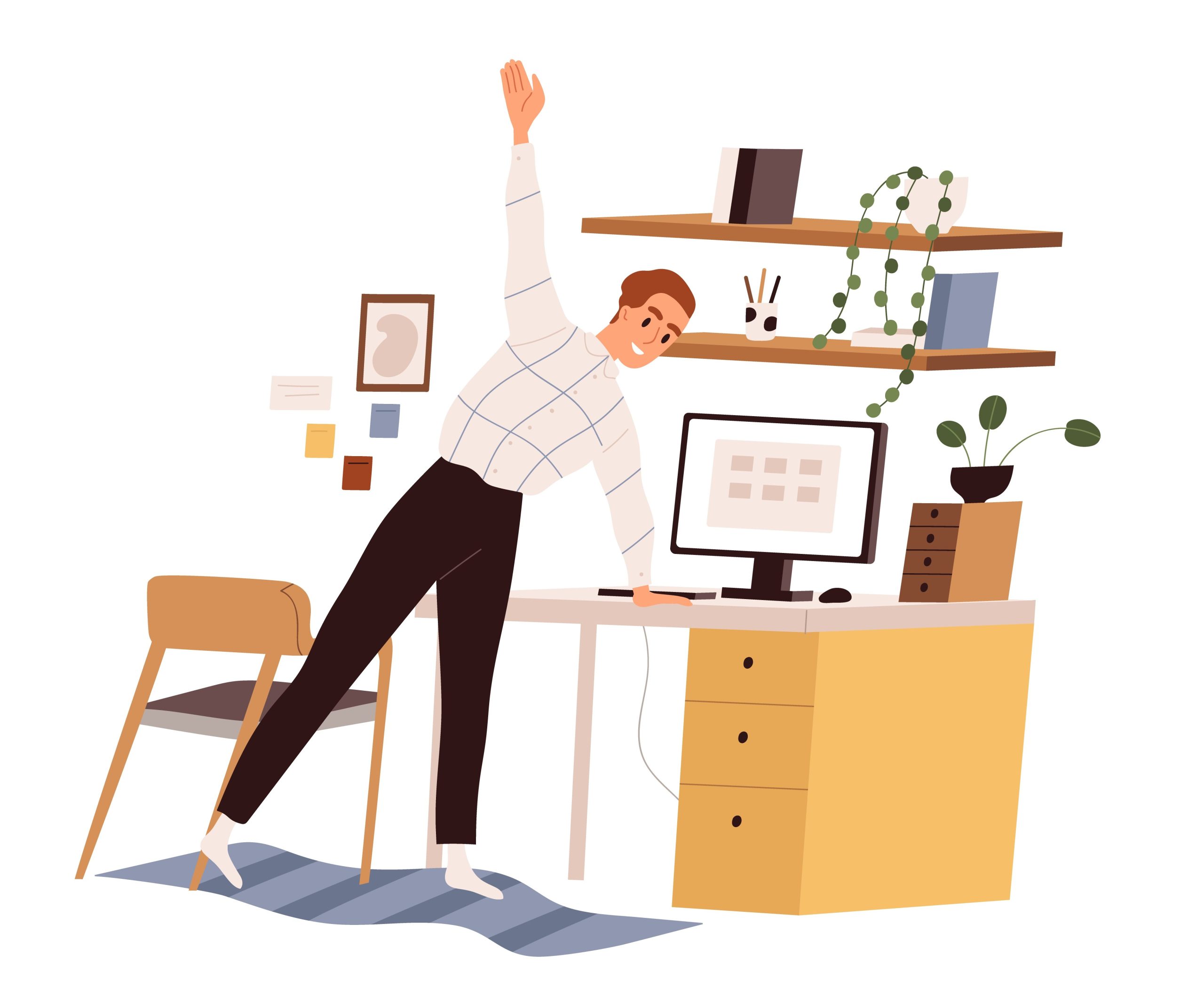 A cartoon illustration of a smiling office worker stretching sideways with one arm raised while standing at their desk, representing the importance of taking movement breaks during the workday.
