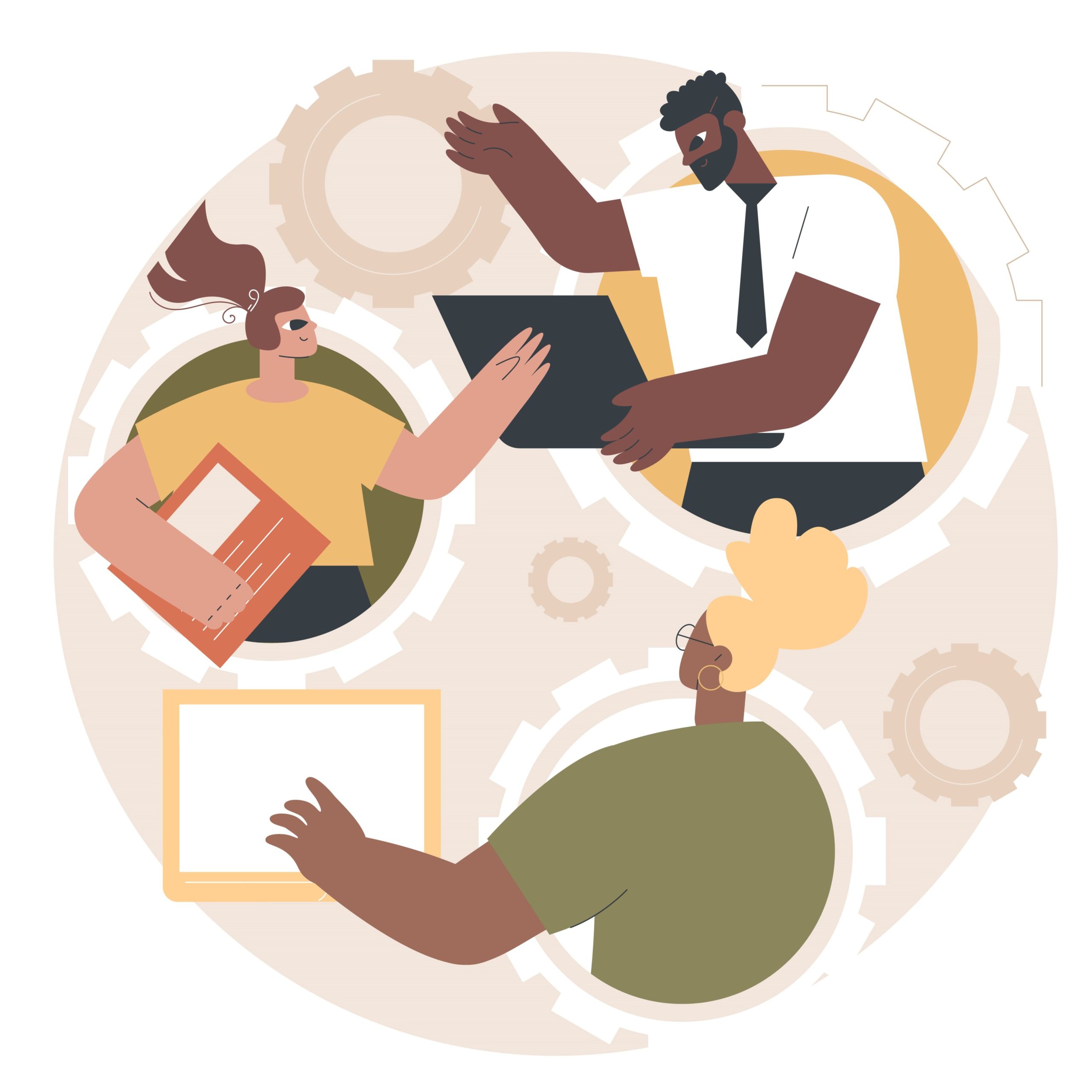 A cartoon illustration of three diverse professionals collaborating and sharing documents within interlocking gear circles, representing the importance of human skills such as teamwork, communication, and collaboration in the modern workplace.