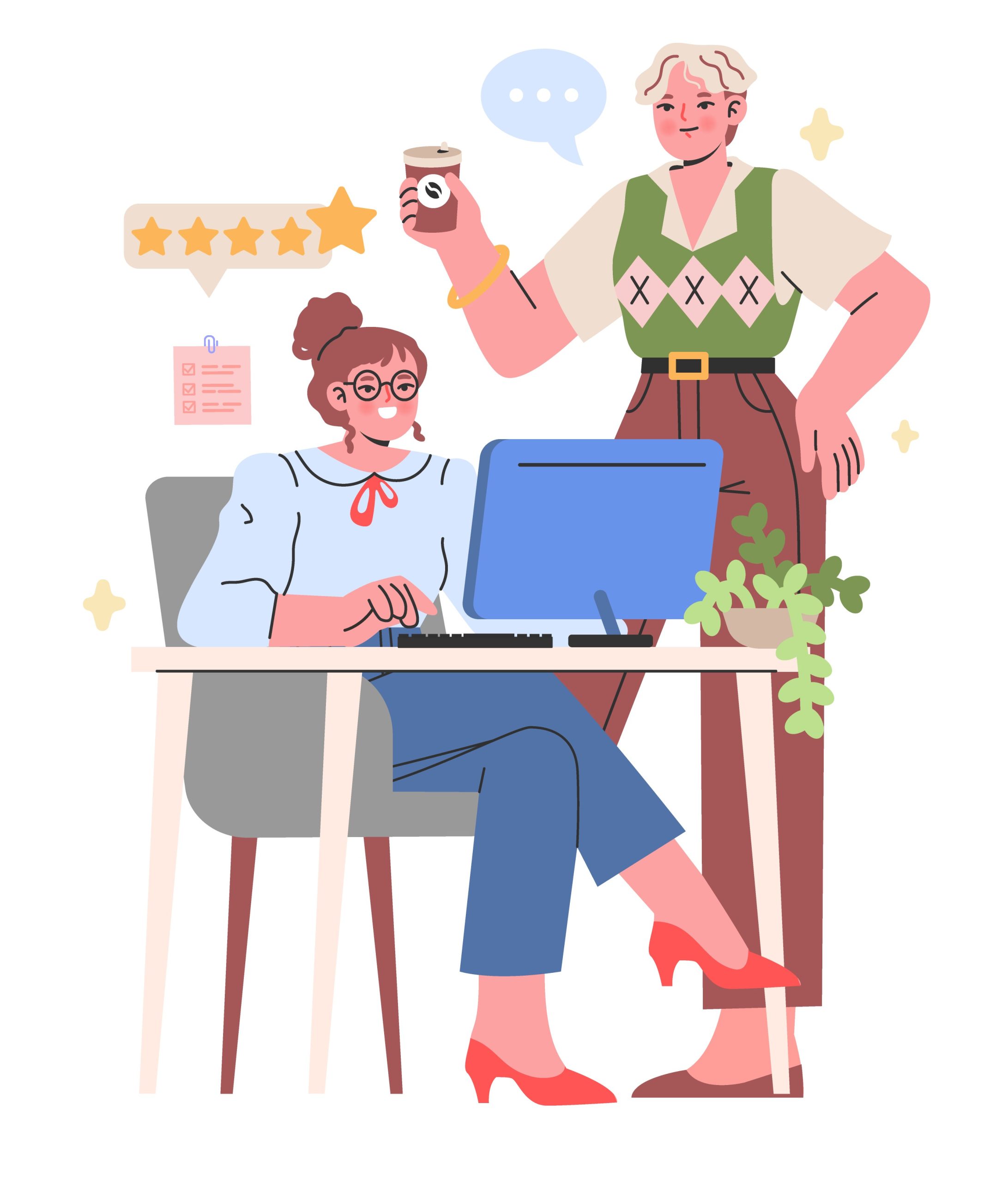 A cartoon illustration of two women collaborating in an office setting — one working at a computer while the other stands nearby holding a coffee cup with a five-star rating displayed — representing how employers can foster a supportive and high-quality work environment to champion women’s health and well-being.