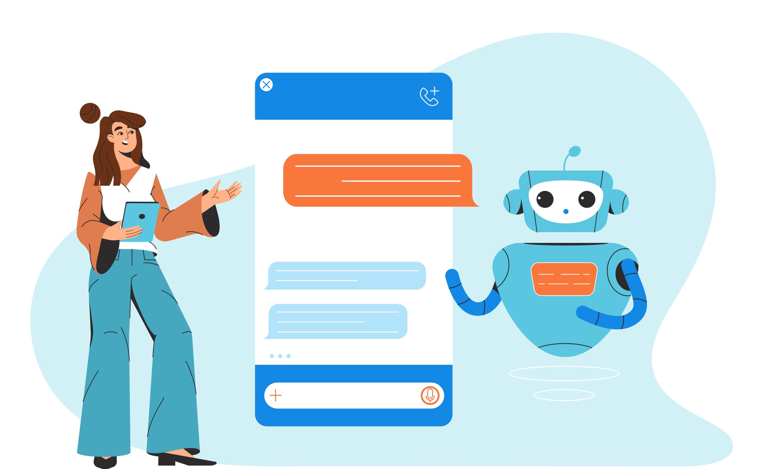 A woman is chatting and communicating with artificial intelligence. Smartphone interface with dialog message icons at screen refers AI assistance at work.