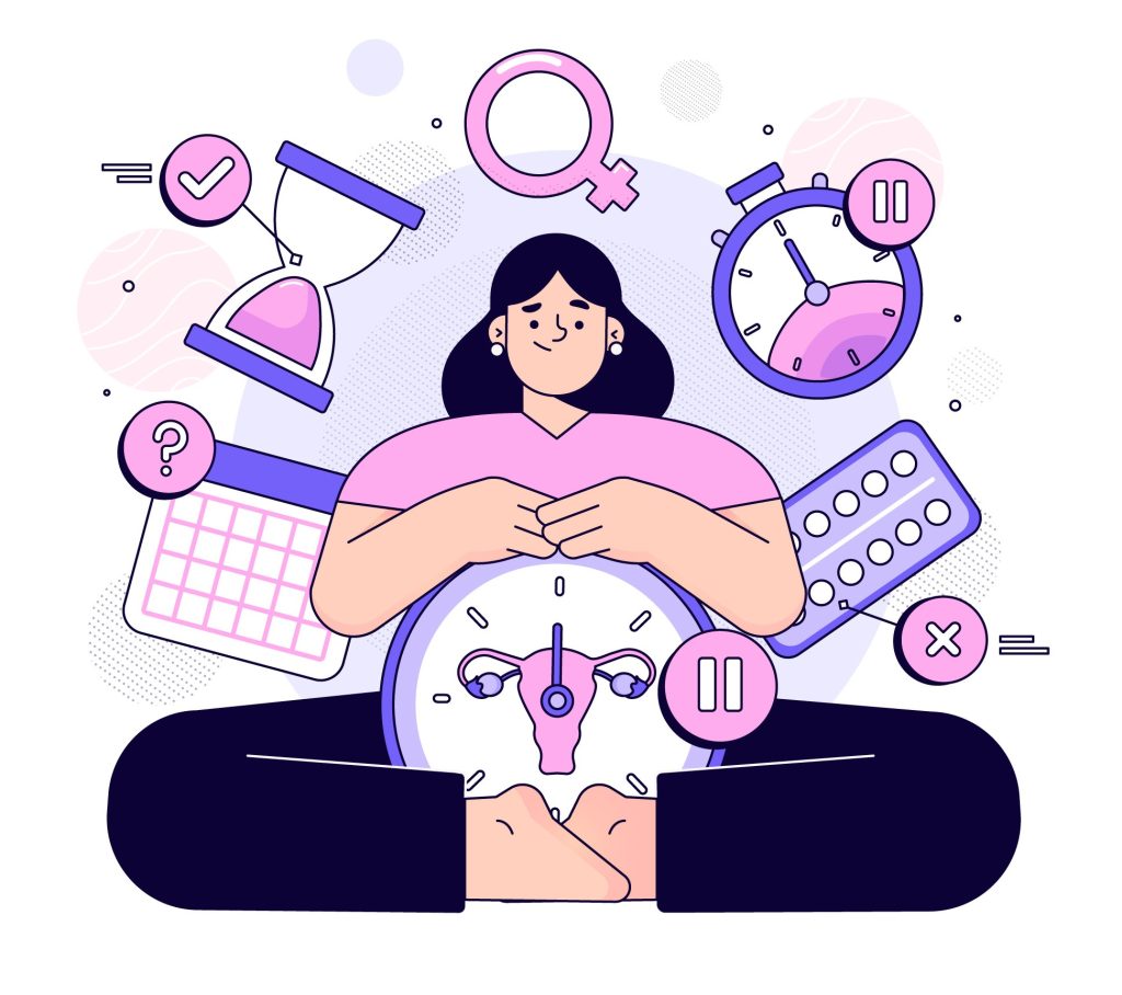 A cartoon illustration of a woman sitting cross-legged surrounded by reproductive health icons including a uterus, birth control pills, a calendar, a clock, and female gender symbol, representing the importance of reproductive health tracking and preventive medical care for women.