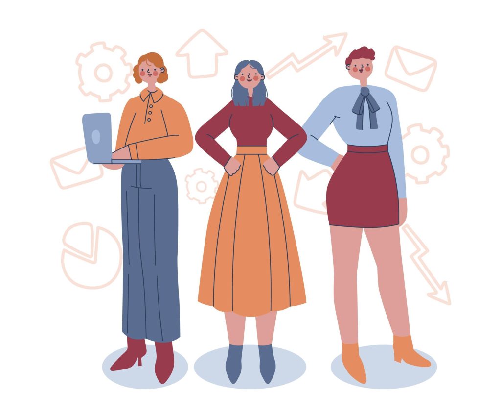 A cartoon illustration of three confident young women standing together in professional attire, surrounded by icons representing growth, goals, communication, and analytics.