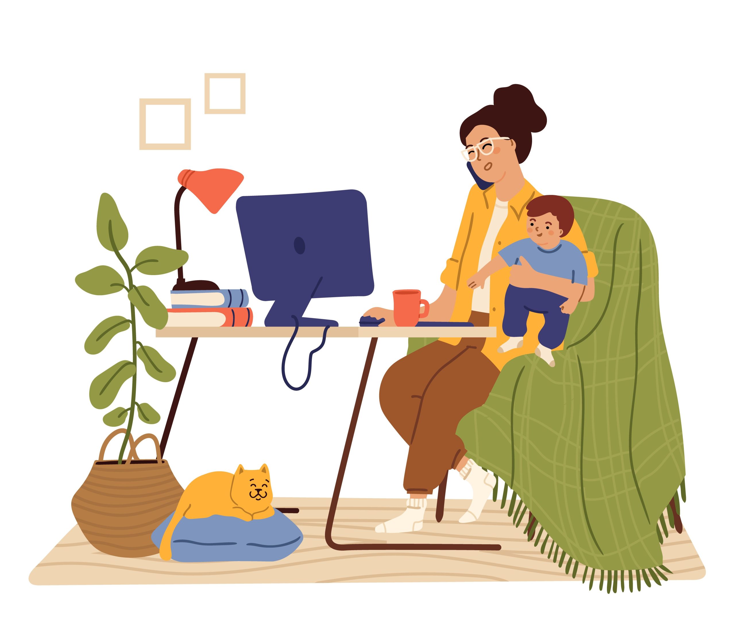 A cartoon illustration of a woman sitting at her desk, holding a kid while working on a computer, surrounded by houseplants, and a desk lamp,representing the challenges and support needs of working mothers