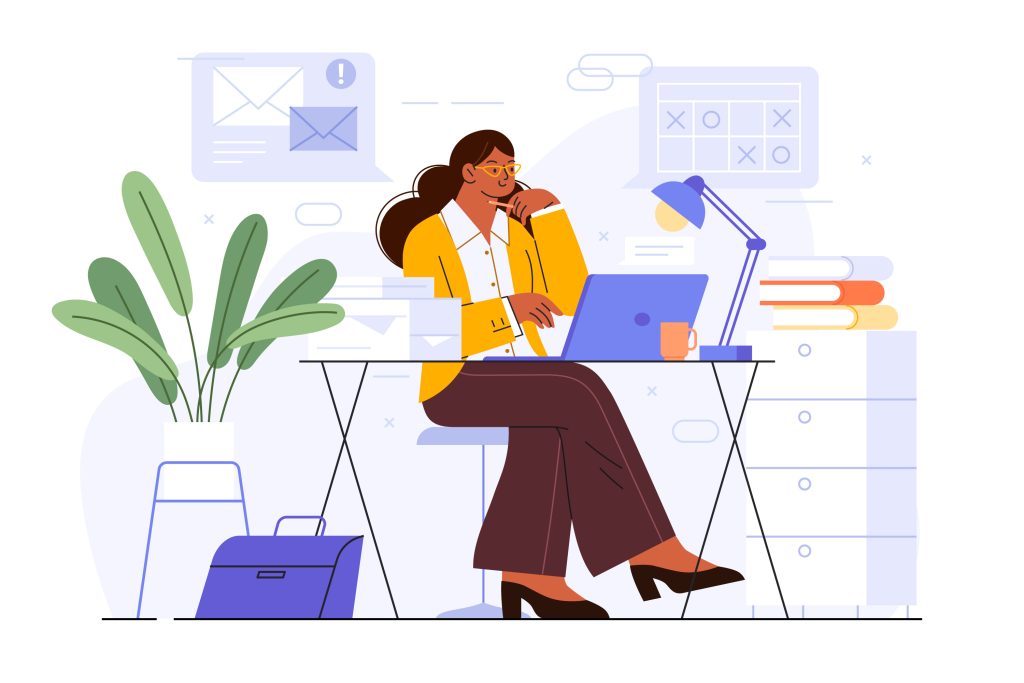 A cartoon illustration of a confident professional woman in a yellow blazer thoughtfully working on a laptop at her desk, surrounded by emails, a calendar, stacked books, and a desk lamp, representing women navigating the demands and complexities of midlife career growth in their late 30s to 50s.