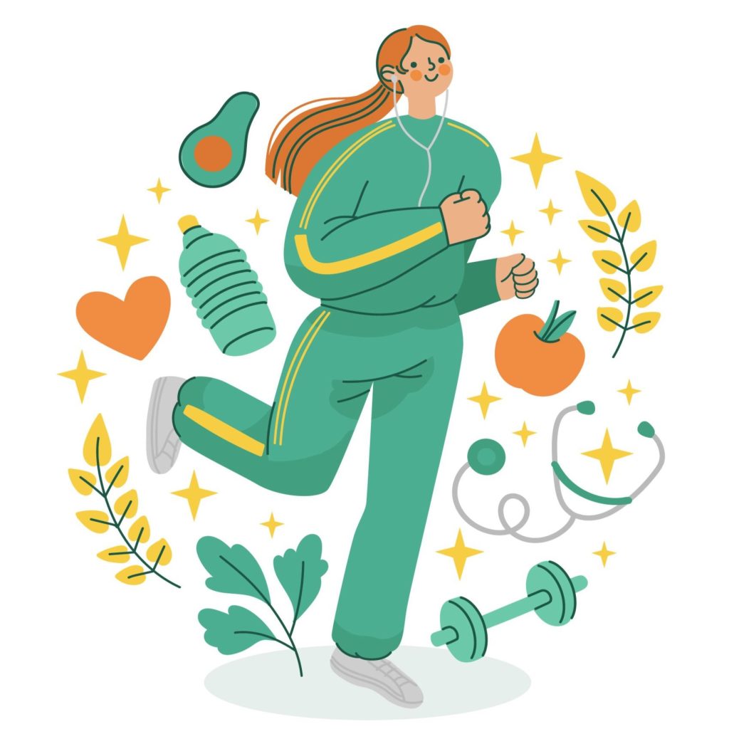 A cartoon illustration of a woman jogging while listening to earphones, surrounded by wellness icons including a water bottle, avocado, fruit, dumbbell, stethoscope, and heart, representing the importance of supporting women’s physical health and overall well-being in the workplace.